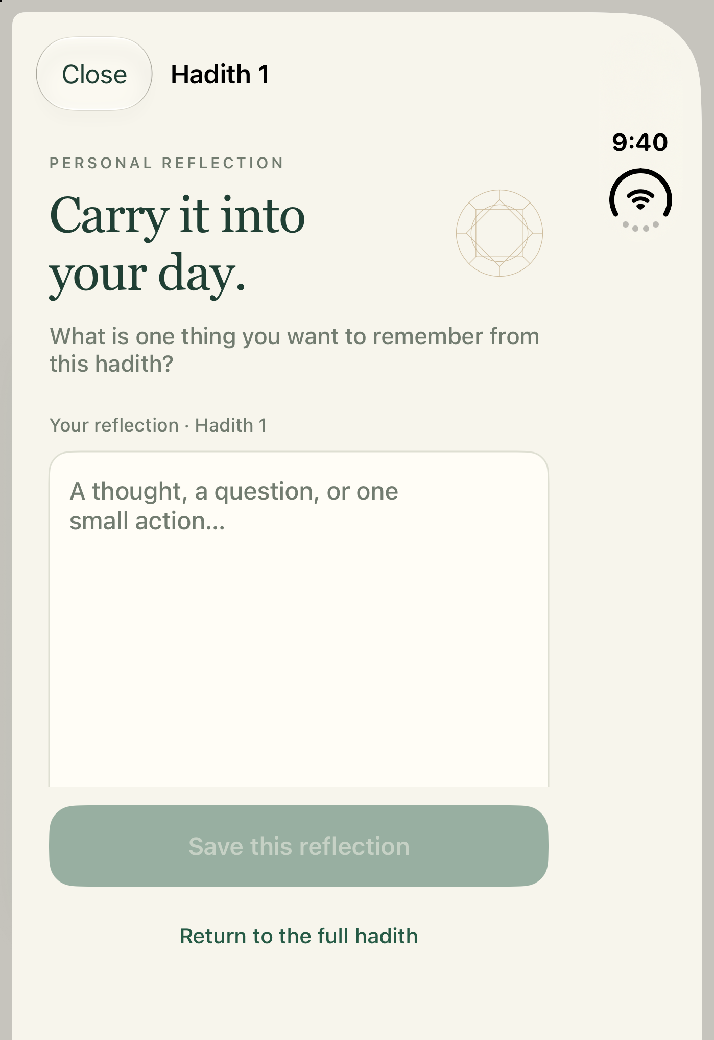 Native iOS adaptive reflection editor, with an empty personal note and Save reflection control